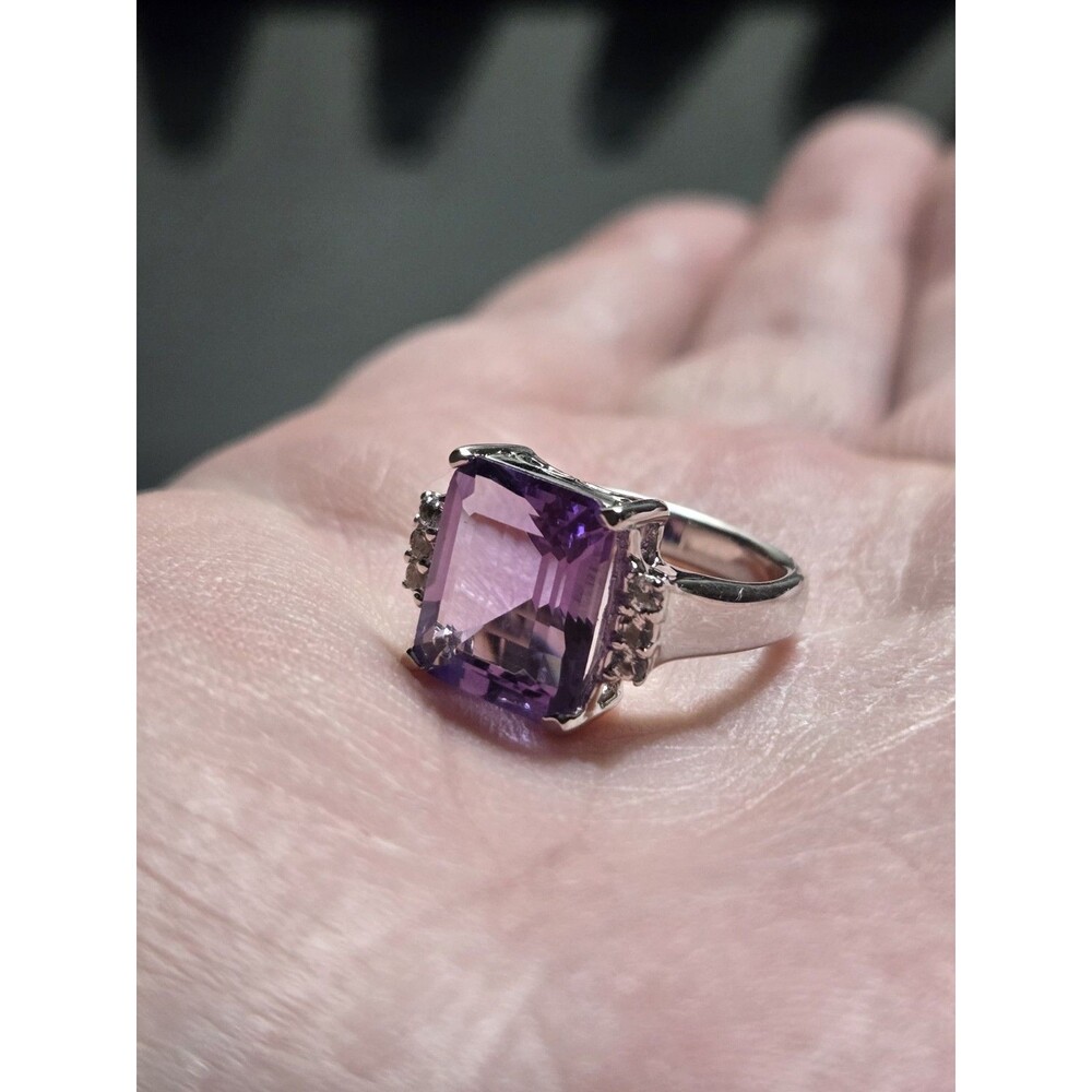 5.94 CTW Amethyst Ring, Large Emerald Cut Purple Gemstone Sterling Silver Size 5 - Picture 14 of 16